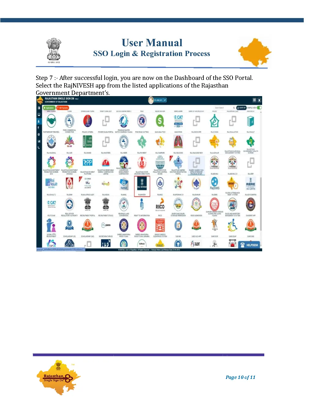 Step 6: Dashboard of SSO portal with government department applications