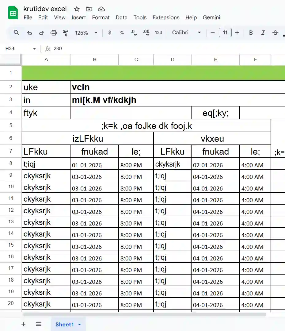 KrutiDev garbage text in Google Sheets